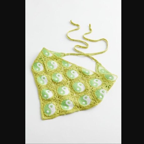 Urban Outfitters Yin Yang Icon Crochet Hair Bandanna Lime Green Knit Scarf Top - Picture 7 of 8